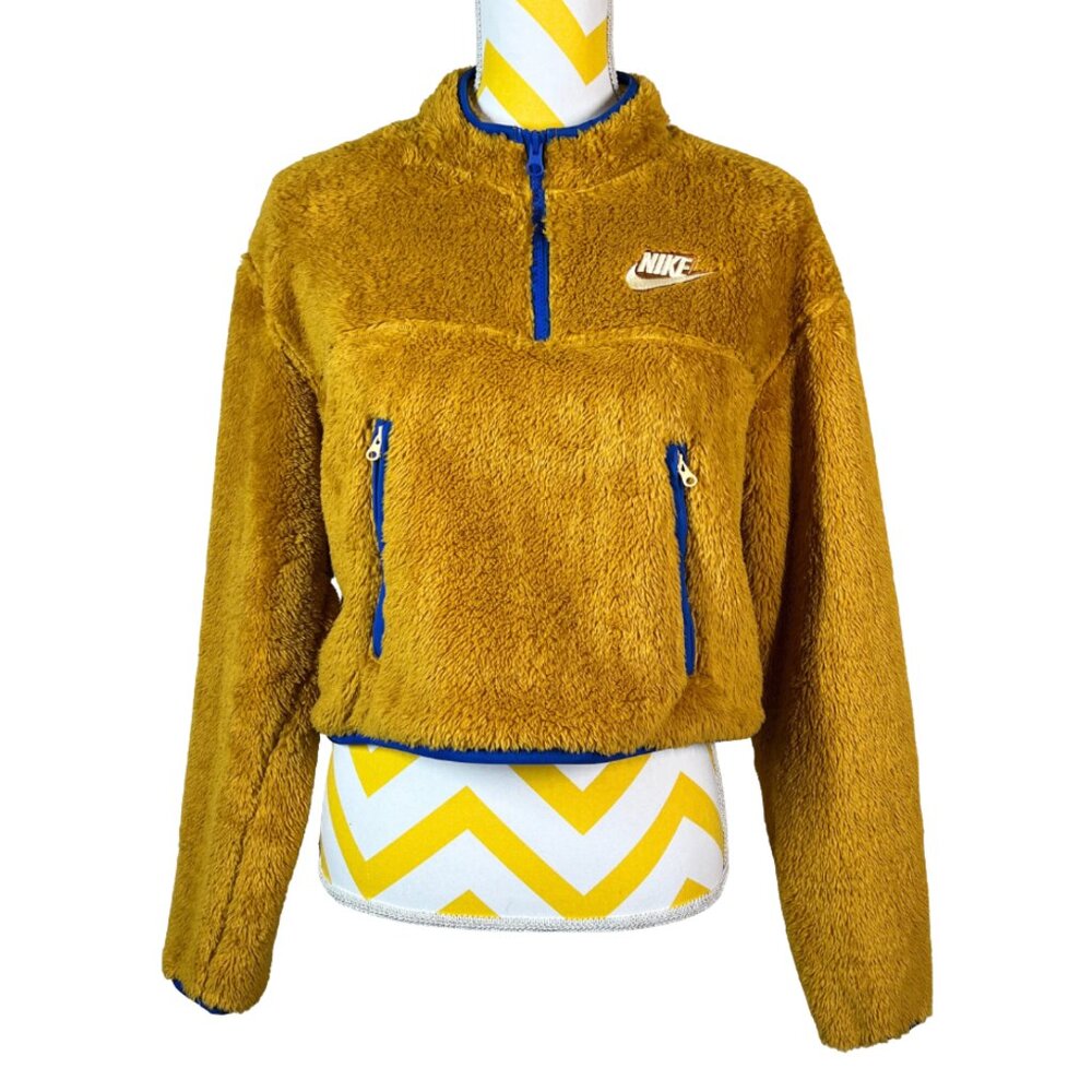 Nike Sherpa Cropped Fleece 1/4 Zip Sweatshirt Pullover • Size M • Gold/Blue